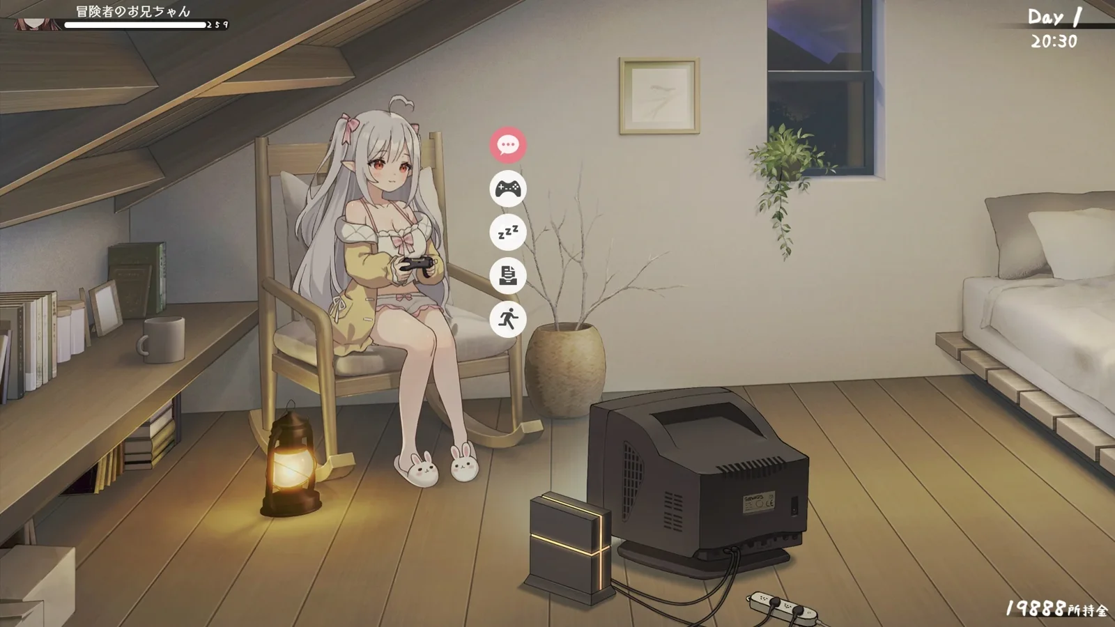 阁楼房间里，妹妹坐在椅子上，电视与书架分列两侧