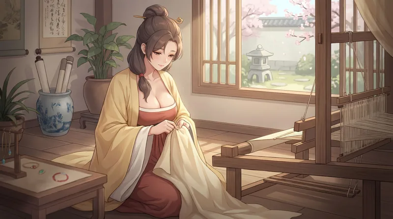 穿着黄色外衣的古装女子坐在明亮的窗边