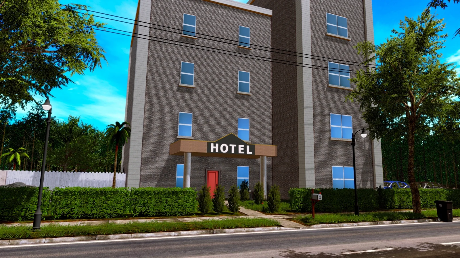 街道旁的高层酒店，入口上方写着 HOTEL