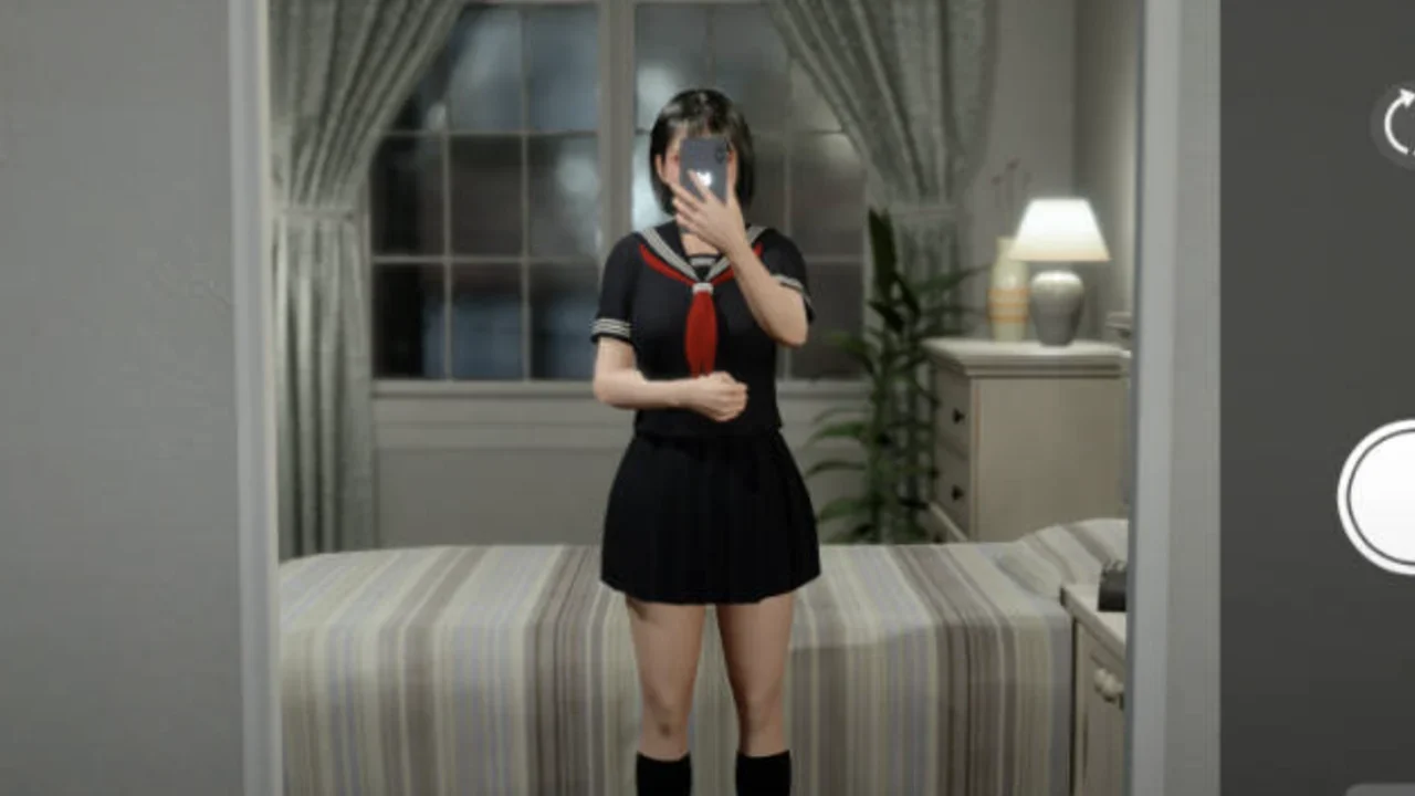 凉花穿着黑色水手服站在卧室镜前，身后是窗帘与床铺