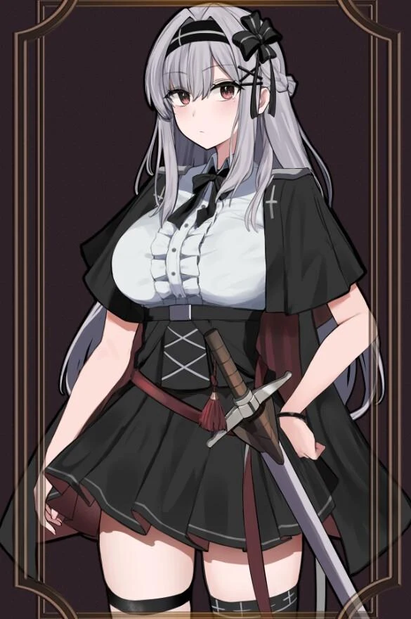 银发露娜身穿黑白制服,腰间佩剑