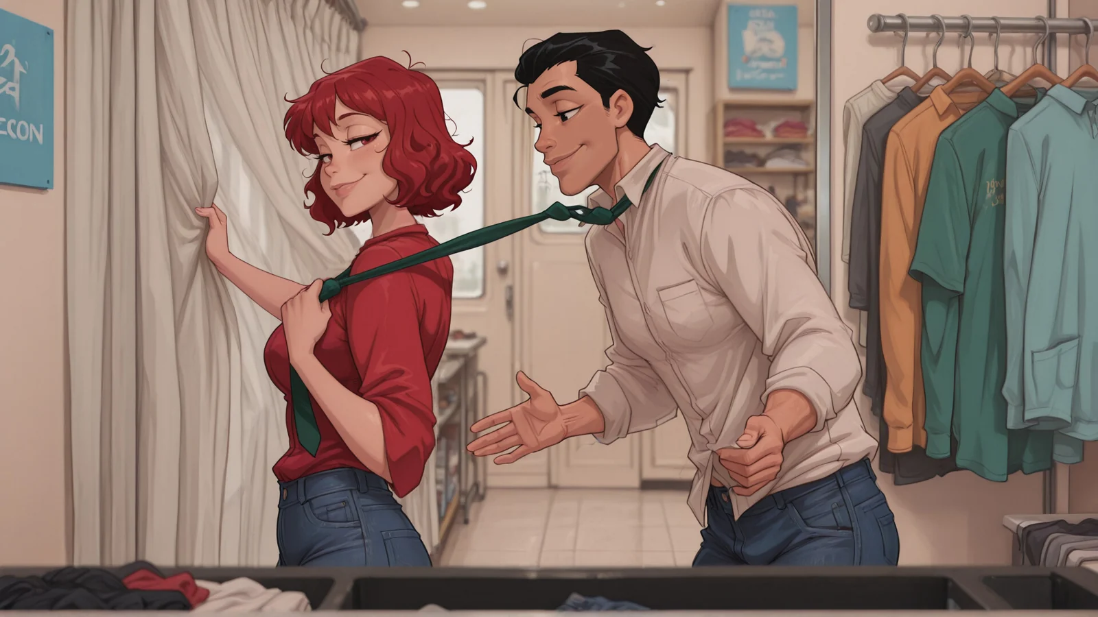 服装店试衣区内，红发女性与白衬衫男性在帘幕旁交谈