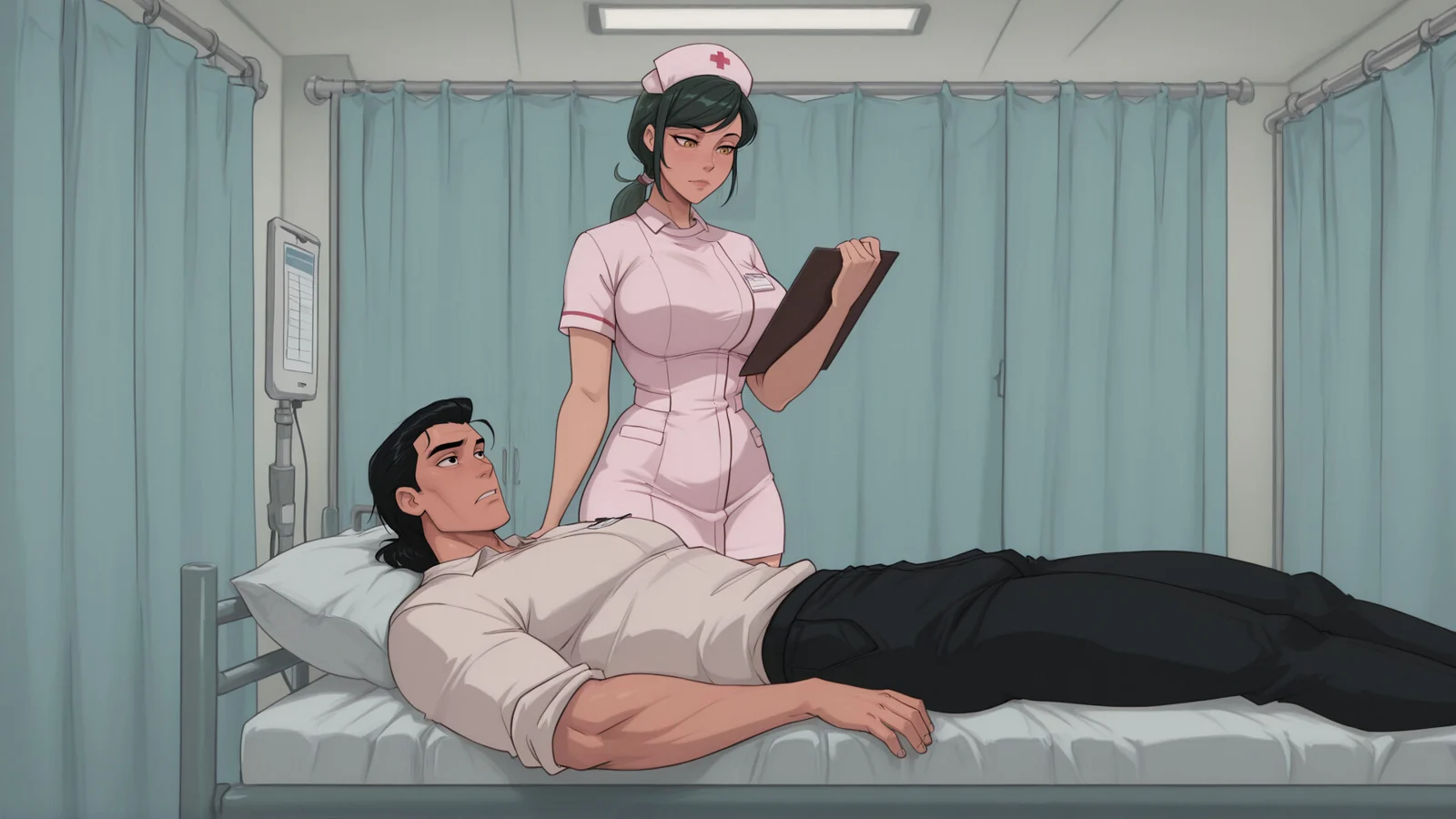 护士手持记录板站在病床旁,男性角色躺在床上
