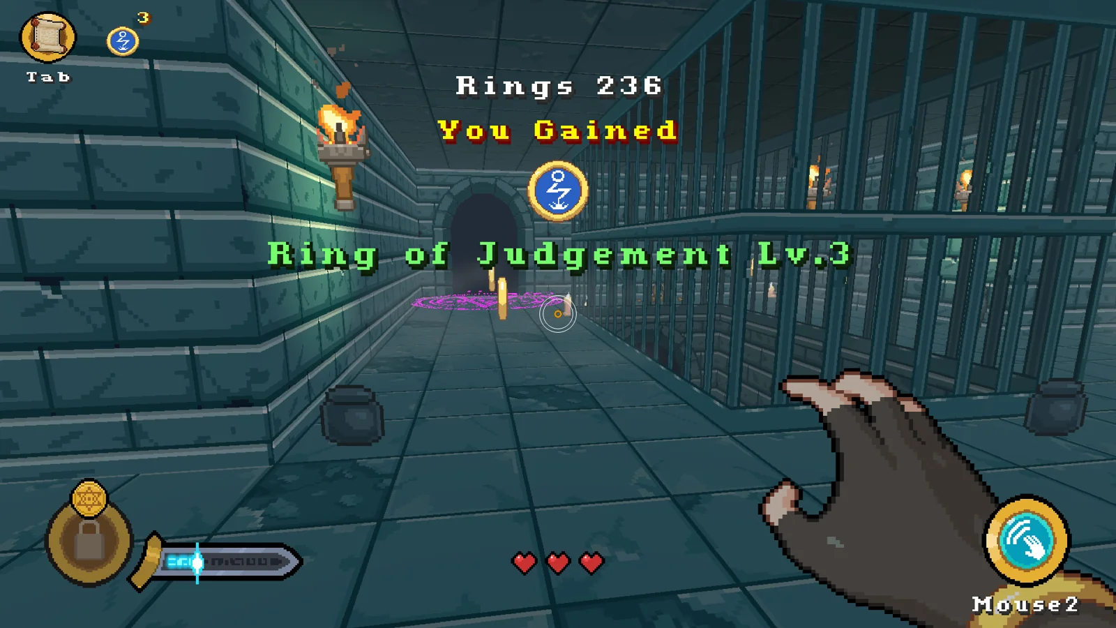 地牢内获得 Ring of Judgement 增益,界面显示升级提示