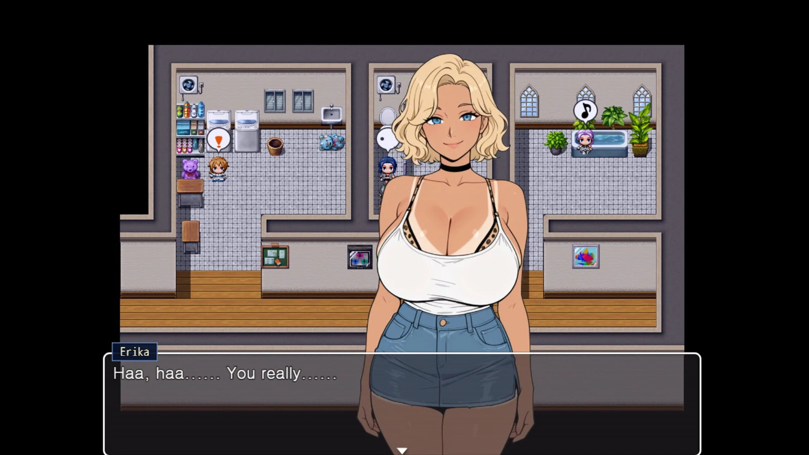 金色短发、身穿白色上衣与牛仔裤的绘里香站在出租屋地图前