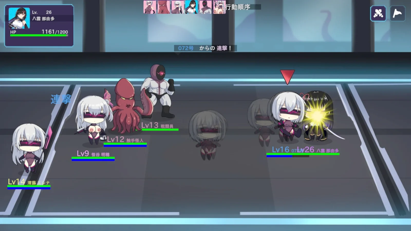蓝色室内战场中的双方小队，攻击特效出现在前排单位之间