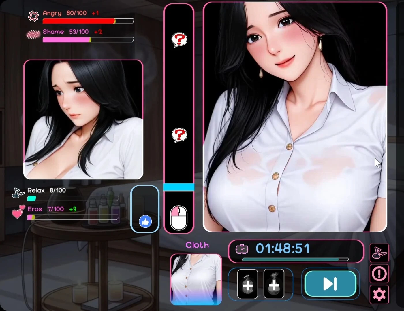 白衬衫黑发成年客人的互动界面,包含时间和状态栏