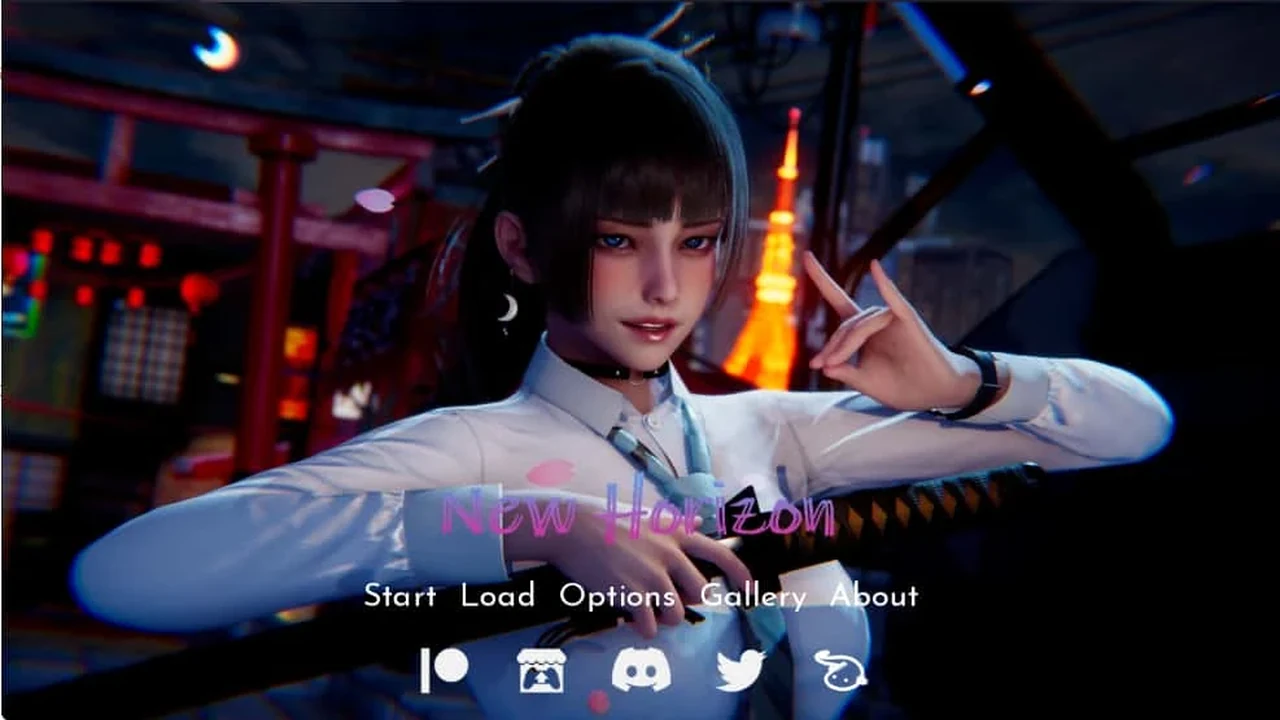 月夜下的朱红建筑、人物与 New Horizon 标题菜单