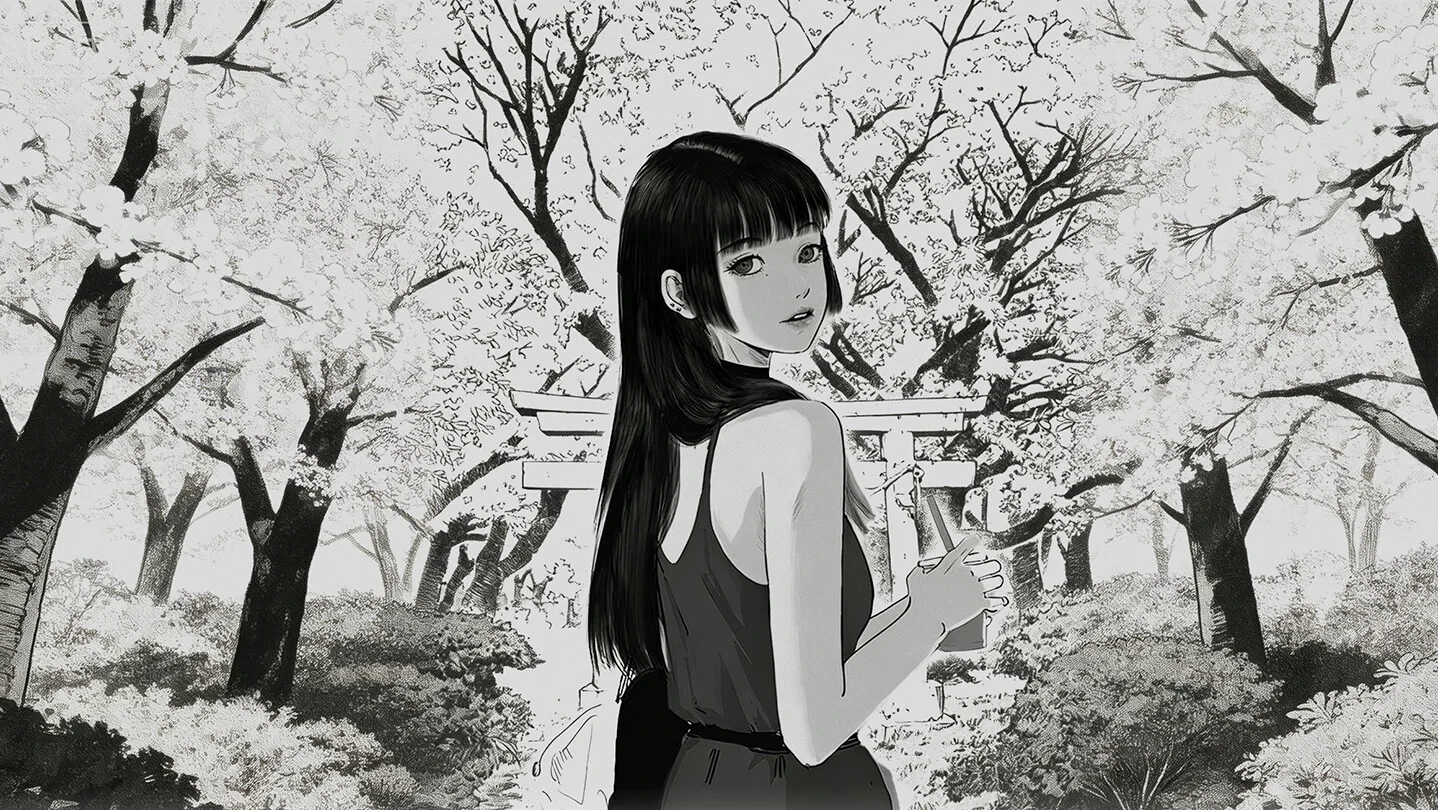 黑白漫画风的若宫凛在樱花树和鸟居前回望