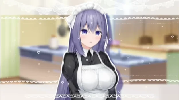 紫色长发的琴音穿黑白女仆装站在明亮厨房里